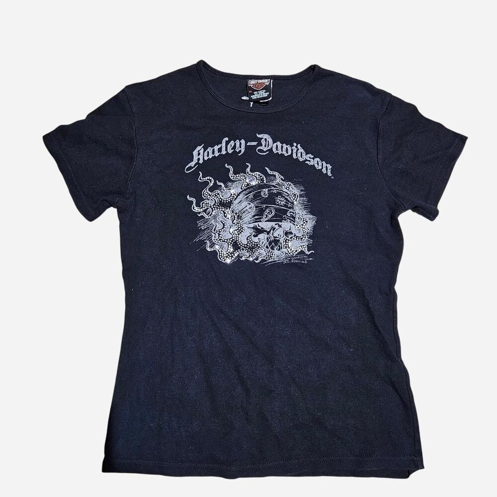 2000s grunge biker bling skull black harley davidson tee